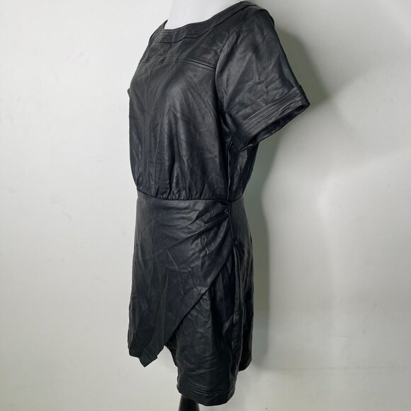 Anthropologie Women's Black Faux Leather Wrap Mini Short Sleeve Dress Size 8 - Picture 4 of 13